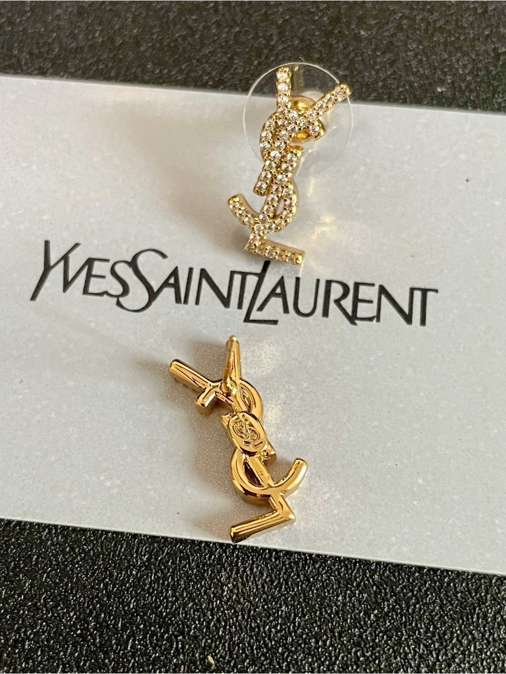 ❤️Yves Saint Laurent Gold Logo Earrings - Crystal & Polished Gold